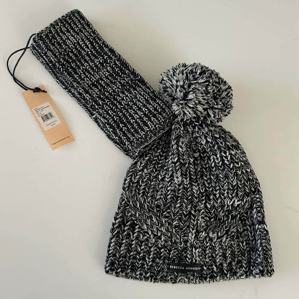 Rebecca Minkoff knit Black White Beanie Hat Cap and hand warmer set